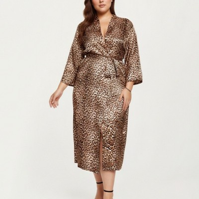 Anna-Kaci Lounge Women's Leopard Print Satin Robe with Soft Silky Sheen, Adjustable Wrap Tie Waist and Flowing Longline Silhouette - 2X, Coffee | Target