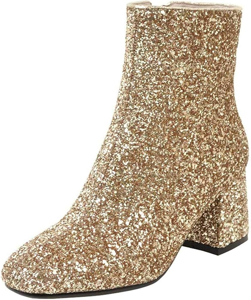 XYD Glitter Low Block Heel Ankle Boots Sequins Round Toe Dress Booties Shoes with Zip | Amazon (US)