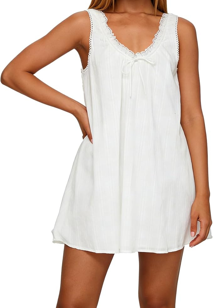 Womens Babydoll Tank Dress V Neck Swing Mini Dress Lace Trim Low Back Cute Summer Short Sundress | Amazon (US)