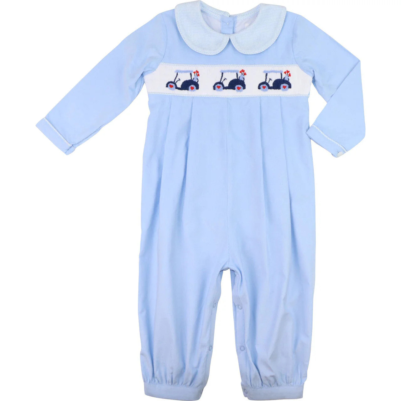 Blue Corduroy Smocked Valentine Golf Cart Long Romper | Cecil and Lou