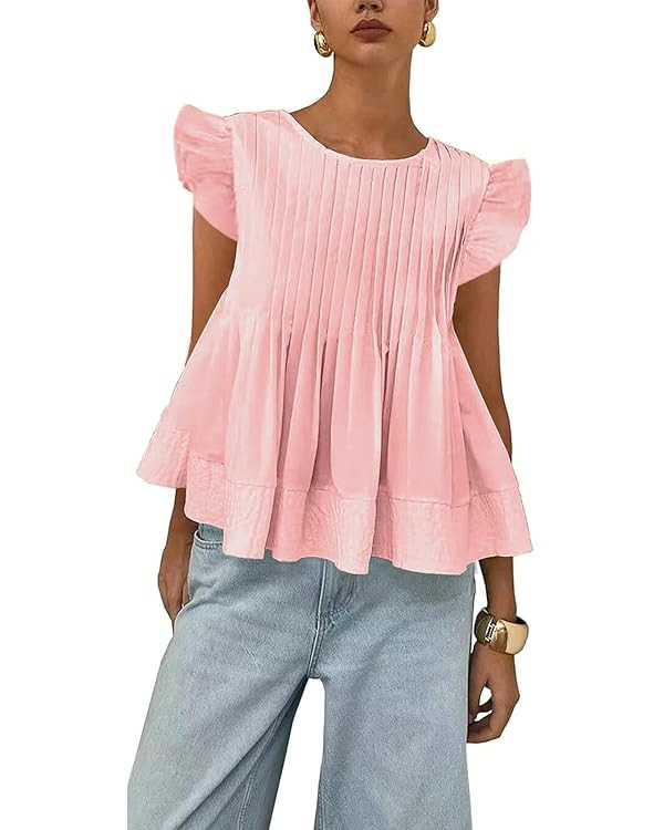 Women's Babydoll Tops Flutter Sleeve Pleated Blouses Crewneck Flowy Tunic Shirts Casual Loose Fit... | Amazon (US)