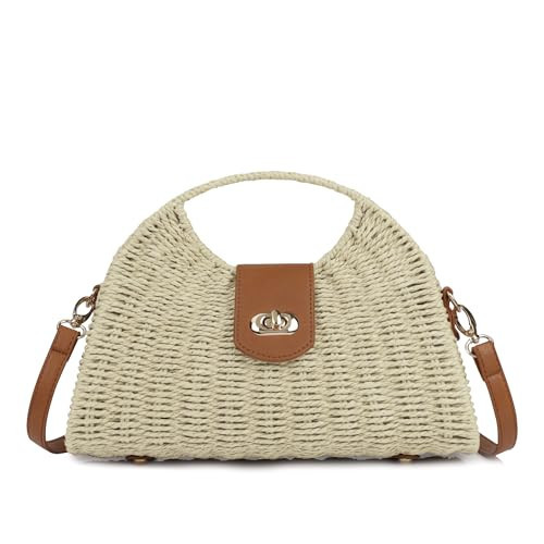 Youjaree Women Straw Beach Bag Handmade Woven Crossbody Shoulder Bags Top Handle Satchel Handbag Purse for Summer (Beige) | Amazon (US)