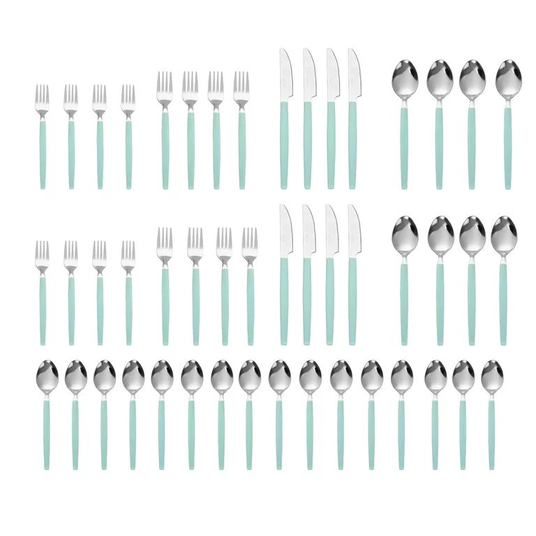 Mainstays 49 Piece Stainless Steel and Plastic Flatware Set with Tray, Teal Blue, Service for 8 | Walmart (US)