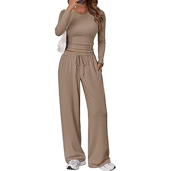 Trendy Queen Women's 2 Piece Matching Lounge Set Long Sleeve Side Ruching Top Wide Leg Drawstring... | Amazon (US)