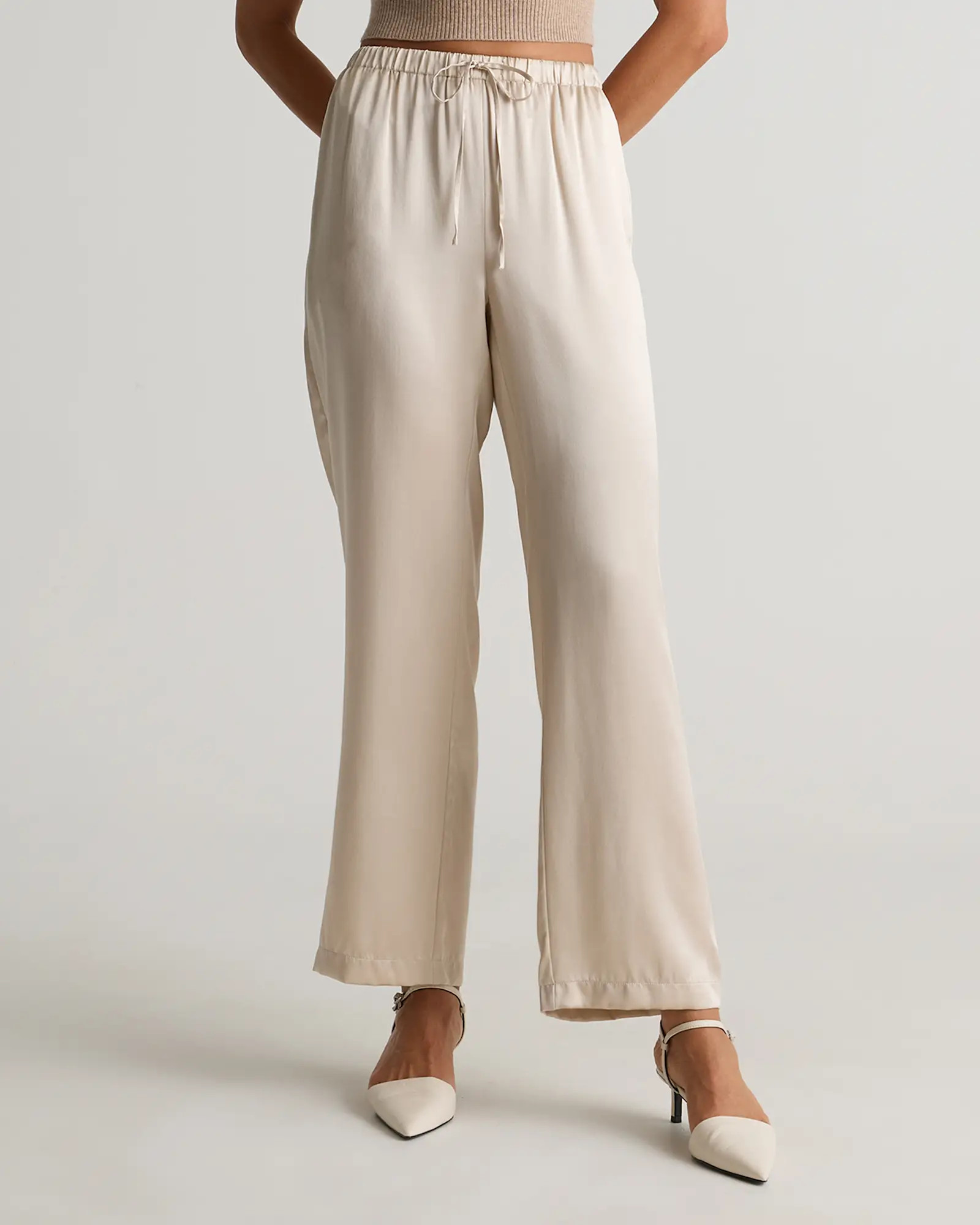 100% Washable Silk Drawstring Wide Leg Pants in Champagne | Quince