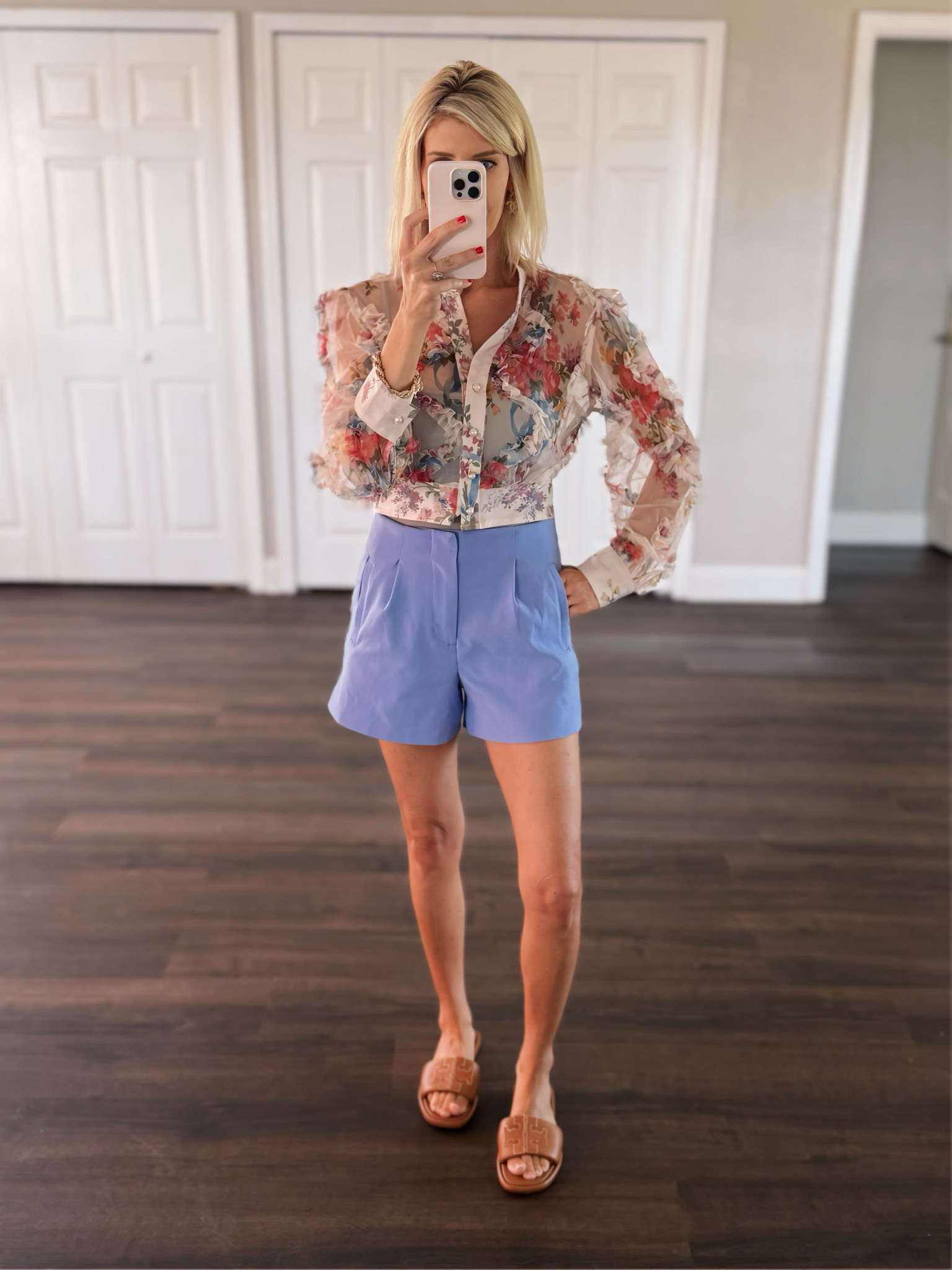 Love the daintiness and detail of this shirt. See through material. shorts and top run TTS. Wearing a size small in bothh

#LTKWorkwear #LTKShoeCrush