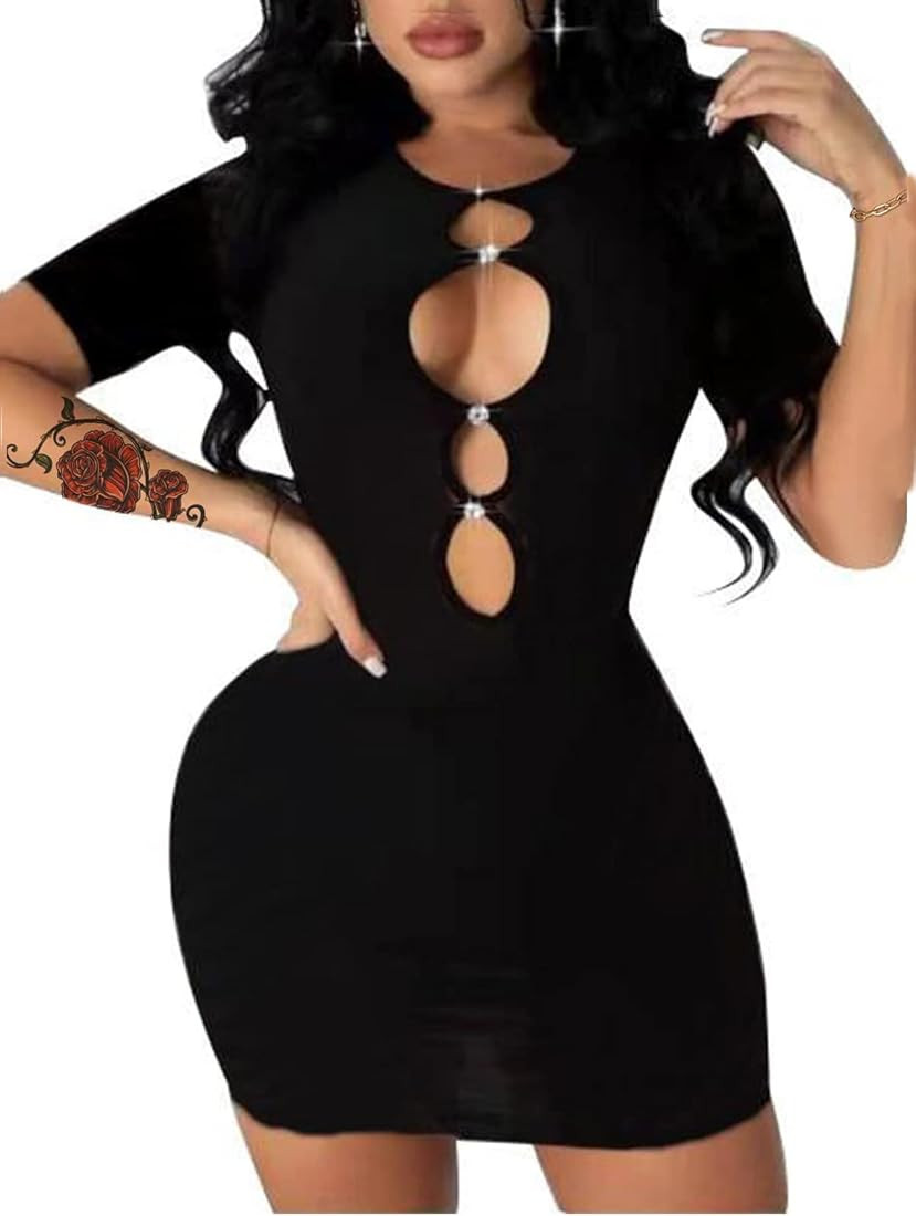 Hilinker Women's Hollow Out Short Sleeve Bodycon Dress Sheer Mesh Patchwork Mini Dress | Amazon (US)