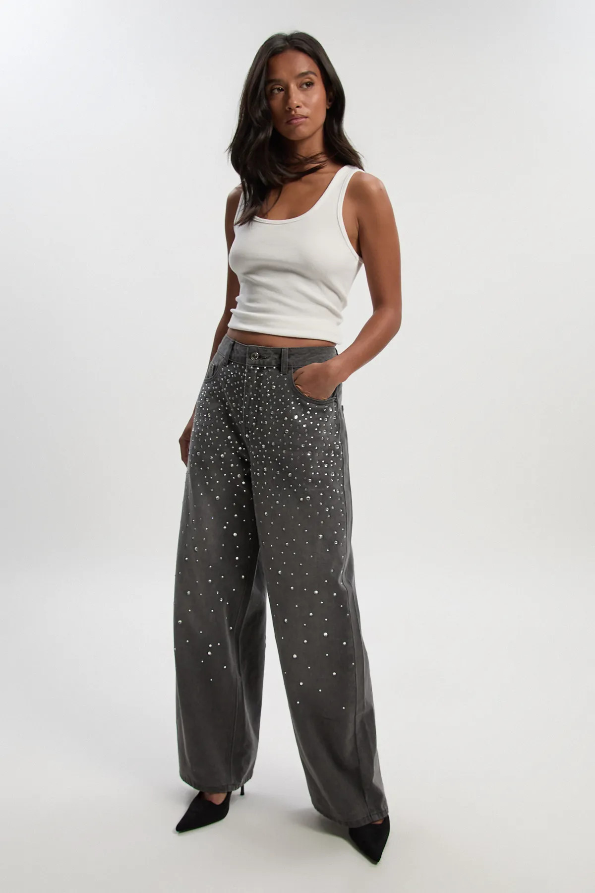 Petite Embellished High Waist Straight Leg Jean | Boohoo.com (UK & IE)