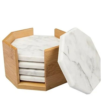 White Carrara Marble Coasters with Bamboo Holder, Set of 5 | Walmart (US)