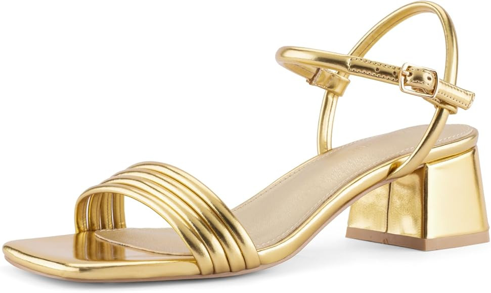 Round Strappy Heels for Women Open Square Toe Chunky Heeled Sandals Ankle Strap Block Low Heels | Amazon (US)