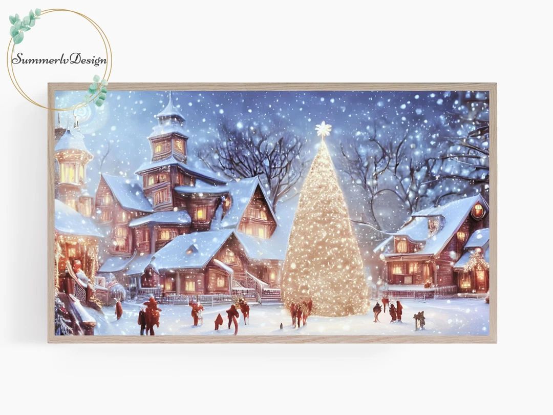 Samsung Frame TV Art, Christmas Painting, Dreamy Christmas Tree in Snowy Village, Frame TV Art, W... | Etsy (US)