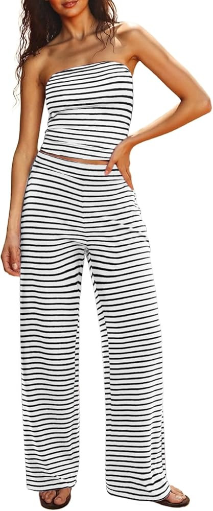 UNCOOYEE Two Piece Sets For Women Summer Outfits Lounge Sets Striped Tube Top And Pants Matching ... | Amazon (US)