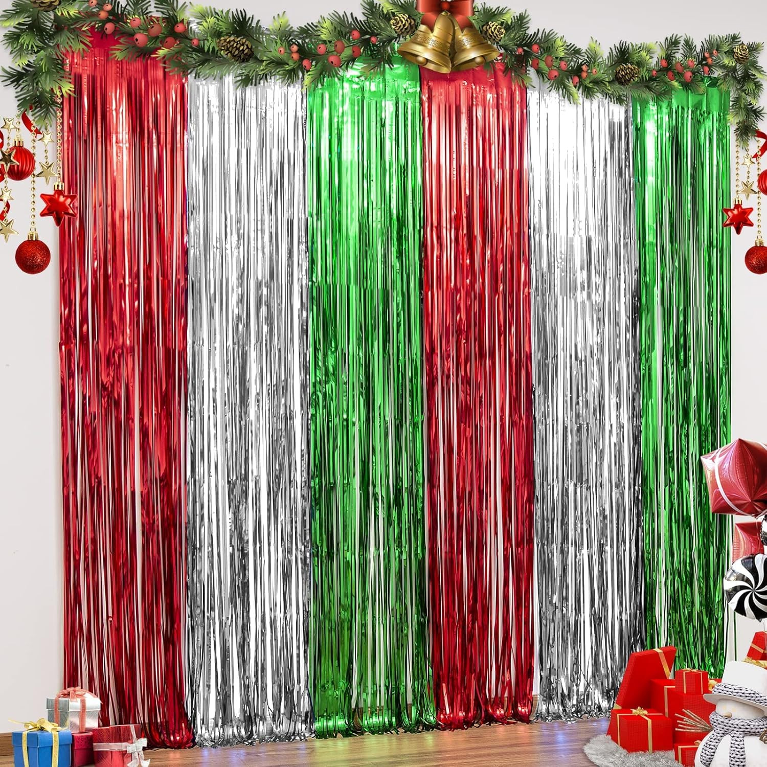 LOLStar 3 Pack Christmas Foil Fringe Curtains Christmas Party Decoration 3.3 X 6.6 ft Red Silver ... | Amazon (US)