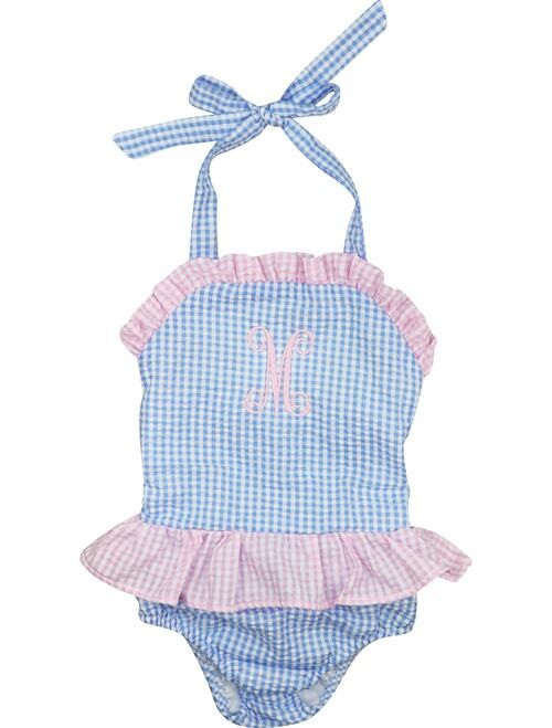 Blue and Pink Seersucker Swimsuit | Cecil and Lou
