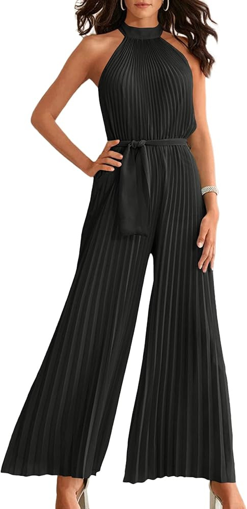 OPOIPIN Women's Halter Neck Pleated Sleeveless High Waist Belted Wide Leg Pants One Piece Jumpsui... | Amazon (US)
