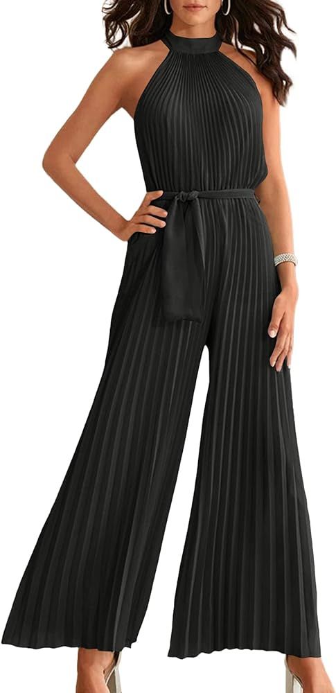 OPOIPIN Women's Halter Neck Pleated Sleeveless High Waist Belted Wide Leg Pants One Piece Jumpsui... | Amazon (US)