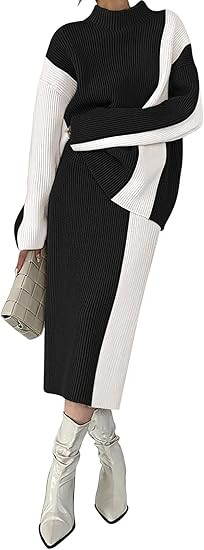 Pink Queen Women's 2 Piece Outfits 2024 Fall Winter Sweater Skirt Set Long Sleeve Oversized Top H... | Amazon (US)