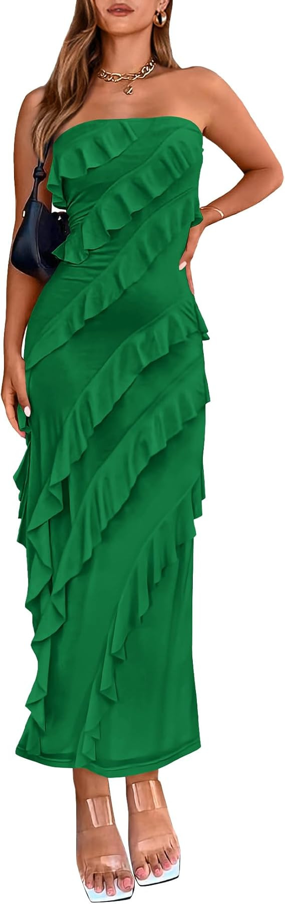 BTFBM Women Summer Elegant Strapless Midi Ruched Bodycon Dress Solid Color Stretch Mesh Slim Part... | Amazon (US)