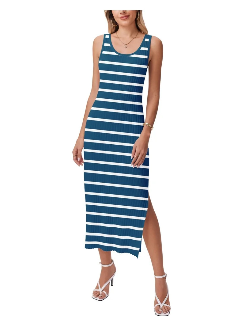 Zeagoo Women's Striped Tank Dress Side Split Hem Sleeveless Crewneck Bodycon Ribbed Knit Midi Dre... | Walmart (US)