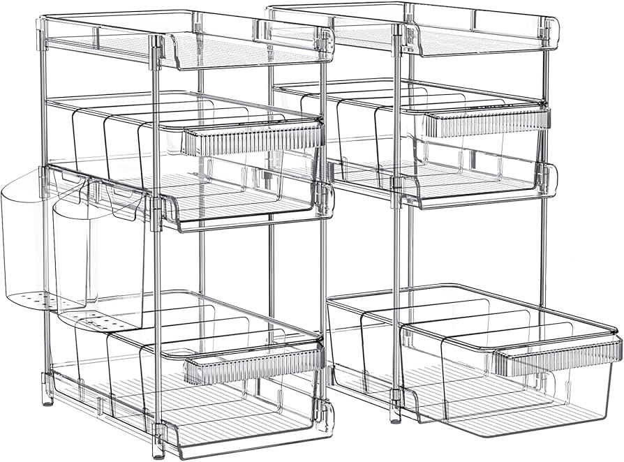 3 Tier Clear Bathroom Organizers 2 Pack, Pull Out Organizer and Storage with 2 Cups, Slide Out Dr... | Amazon (US)