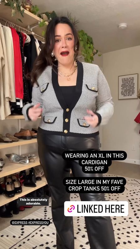 Express 50% off midsize workwear 
Xl in this cardigan 
Large in my fave cropped tanks 
Size 14 faux leather pants 

#LTKmidsize #LTKCyberWeek #LTKworkwear