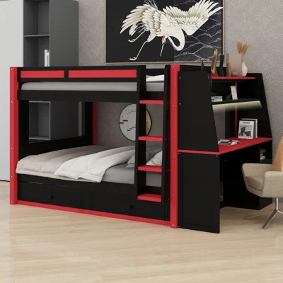 Bunk Bed with LED Light, Desk, Bookshelves and Drawers for Sleep and Study | Wayfair North America