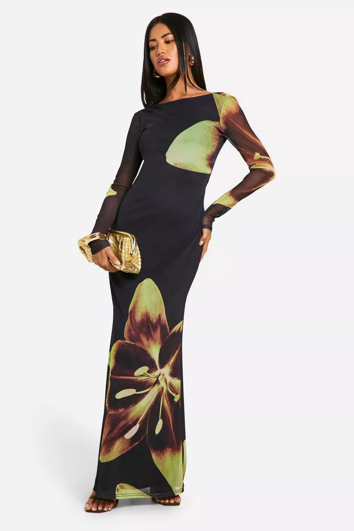 Cowl Back Floral Mesh Maxi Dress | boohoo (US & Canada)