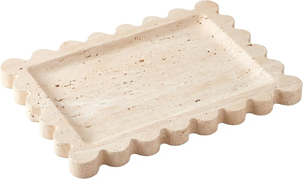 Denique Natural Travertine Tray with Scalloped Edge, 10.8x8 Rectangle Vanity Tray for Bathroom Ki... | Amazon (US)