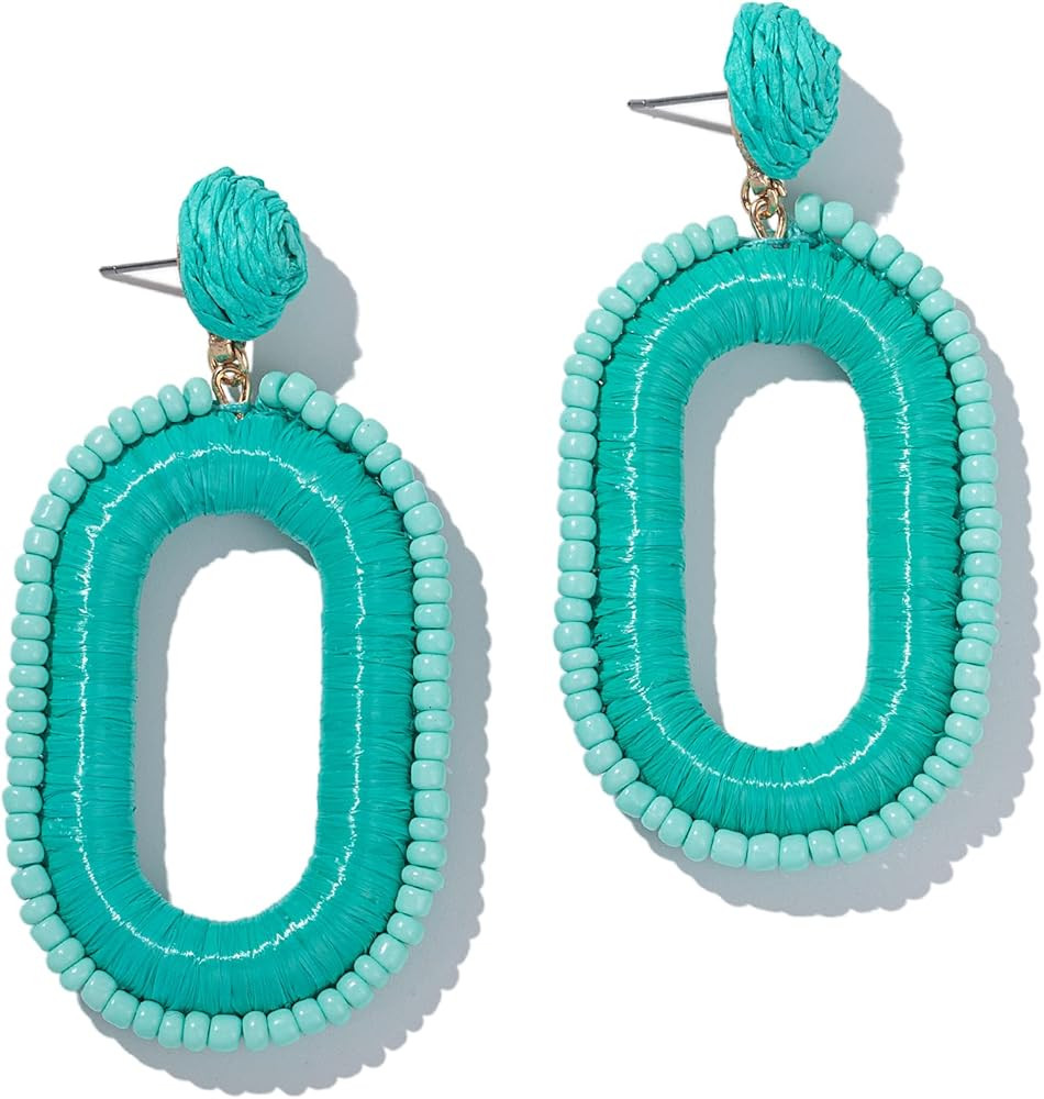 Beaded Raffia Boho Earrings - Cute Seed Bead Square Drop Dangle Earrings for Summer | Amazon (US)