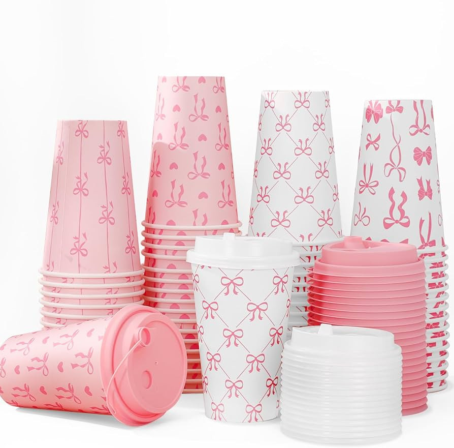 Whaline 100Pcs Pink Bow Paper Cups with Lids 16oz Bowknot Heart Disposable Cups Cute Coquette Dri... | Amazon (US)