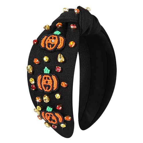 MOLOCH Halloween Headband Spooky Beaded Pumpkin Knotted Headband Jeweled Crystal Embellished Head Band Black Halloween Costume Headwear Hair Accessories | Amazon (US)