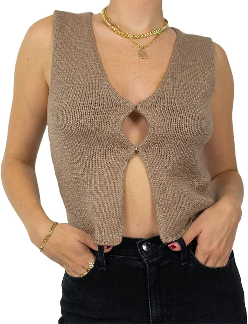 Women Y2k Knitted Vest Sleeveless V-Neck Open Front Crop Top Crochet Knitwear Cardigan Tank Top S... | Amazon (CA)