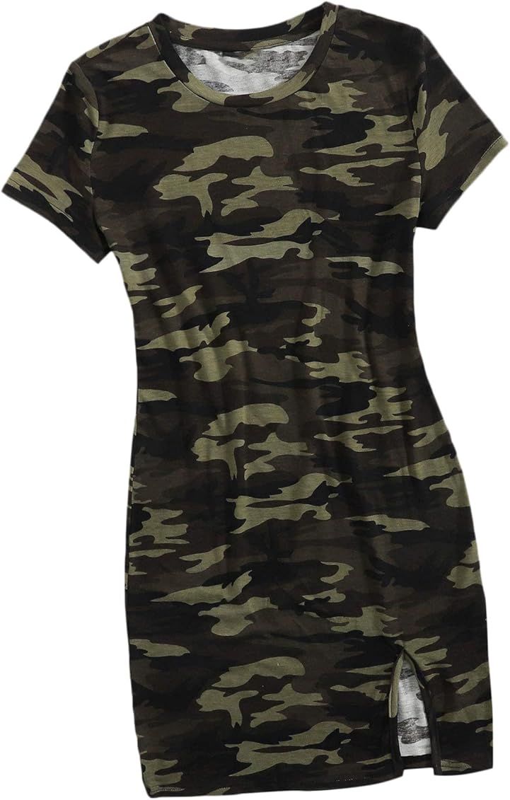 SheIn Women's Short Sleeve Camo Mini T-Shirt Dress Camouflage Round Neck Short Dress Tunic | Amazon (US)