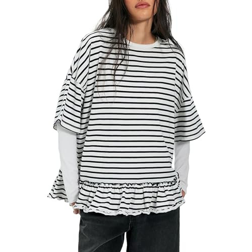 Ainangua Boho Striped Shirts for Women Casual Short Sleeve Crew Neck T Shirt Oversized Bubble Ple... | Amazon (US)