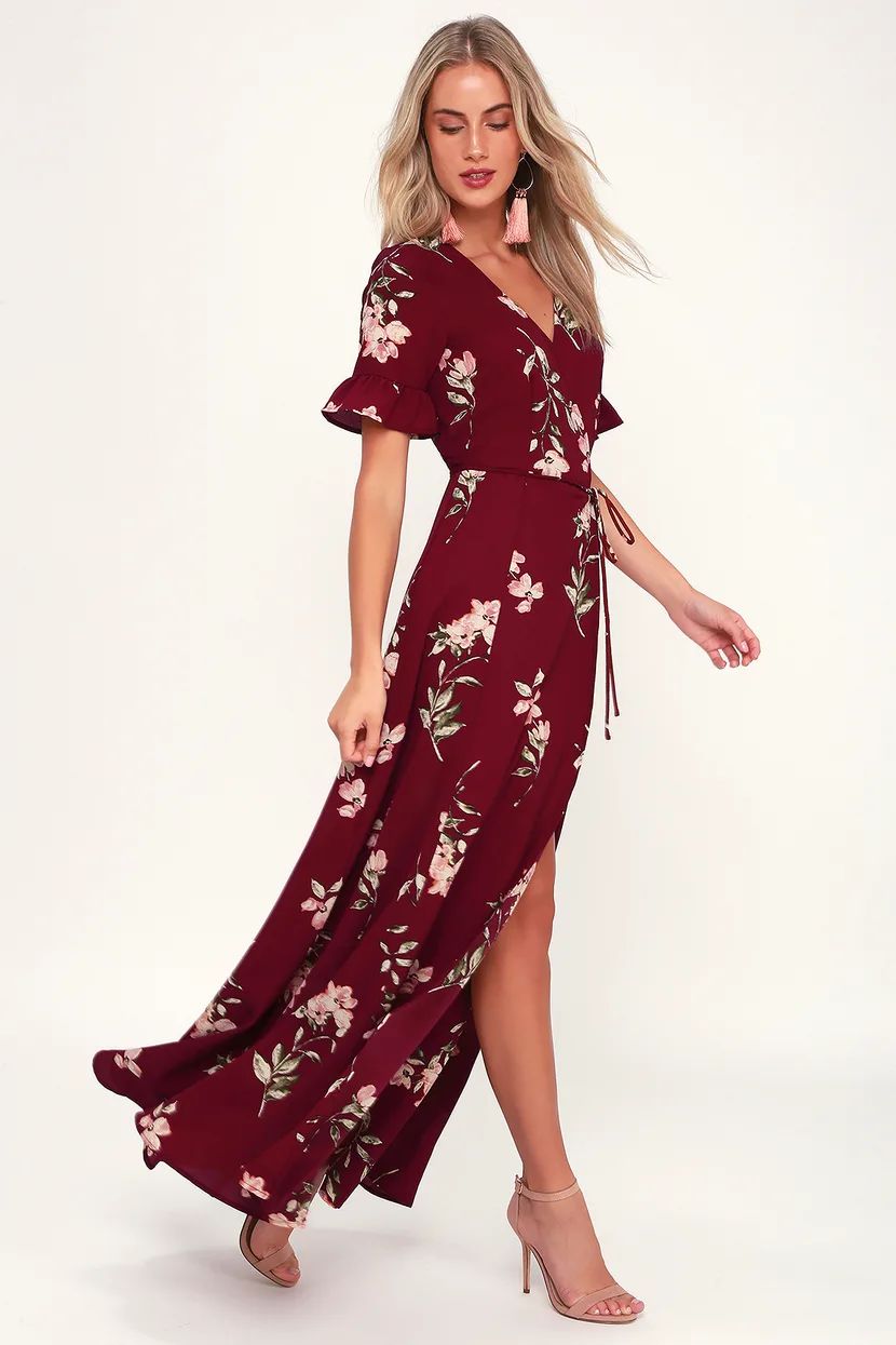 September Sunsets Burgundy Floral Print Wrap Maxi Dress | Lulus (US)