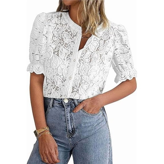 PRETTYGARDEN Womens Summer Lace Tops Short Puff Sleeve Casual Dressy Blouses Eyelet Crew Neck But... | Walmart (US)
