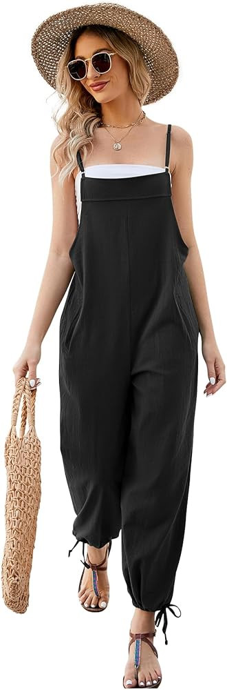 PEHMEA Overalls for Women Loose Fit Cotton Linen Jumpsuit Adjustable Strap Wide Leg Pants with Po... | Amazon (US)
