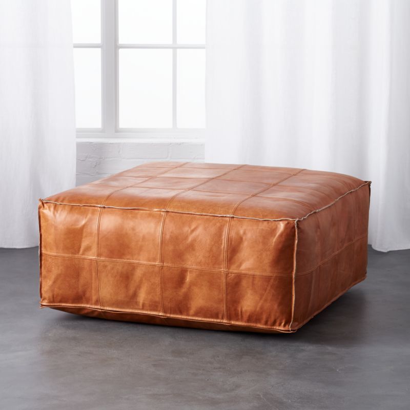Large Hand-Stitched Brown Leather Ottoman Pouf + Reviews | CB2 | CB2