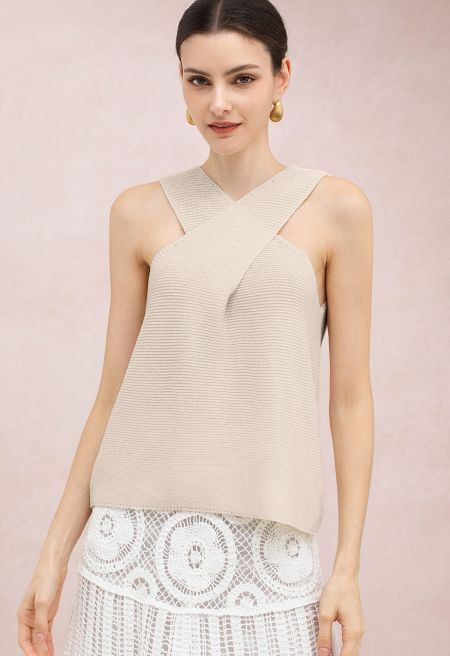 Crisscross Front Textured Knit Sleeveless Top in Oatmeal for Beach Vacations & Yacht Trips | Chicwish