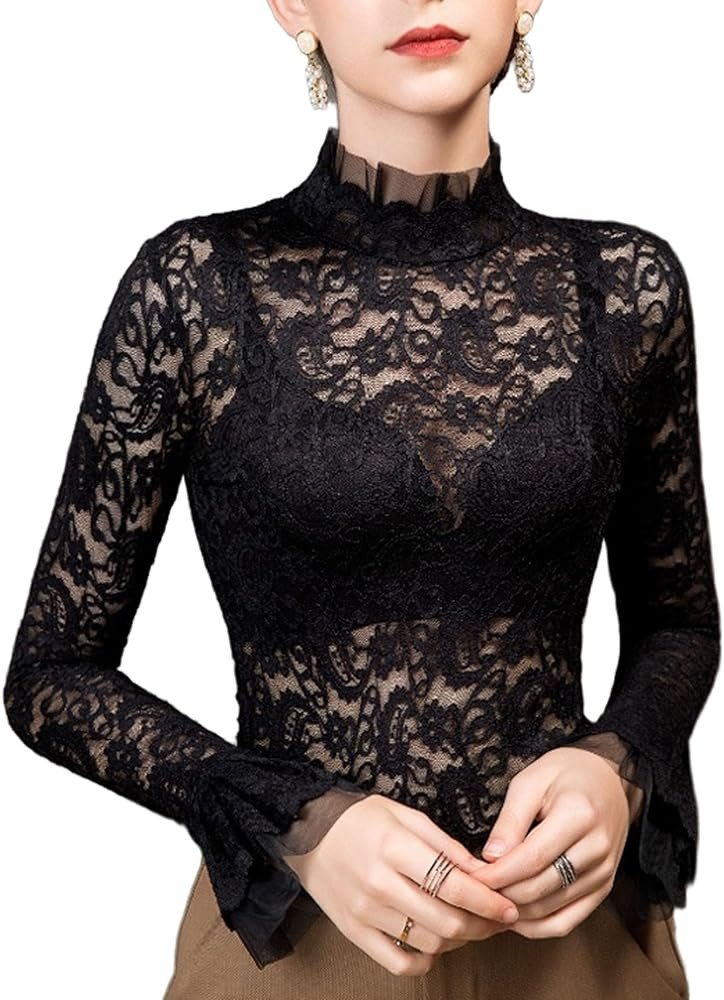 METWAY Women’s Lace Tops Long Sleeve Lace Shirt Sheer See Through Ruffle Embroidered Undershirt... | Amazon (US)