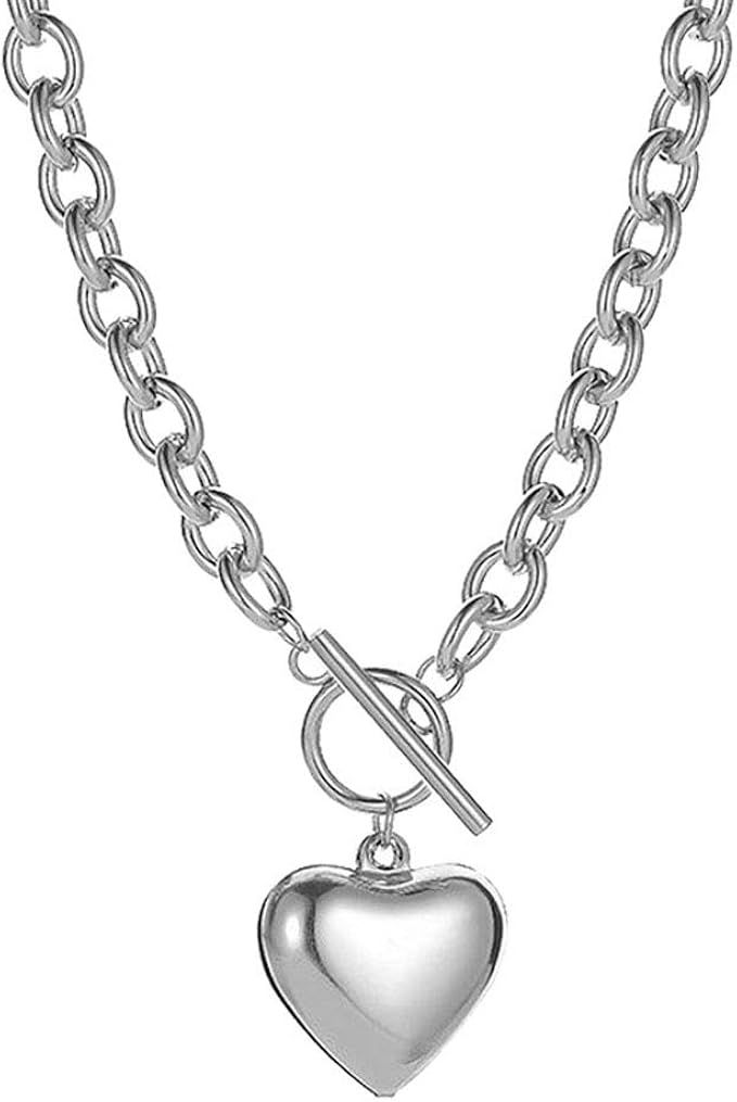 Chain Necklace for Women 18K White Gold Plated Chunky Cuban Chain Link Necklace with Heart Hypoal... | Amazon (US)