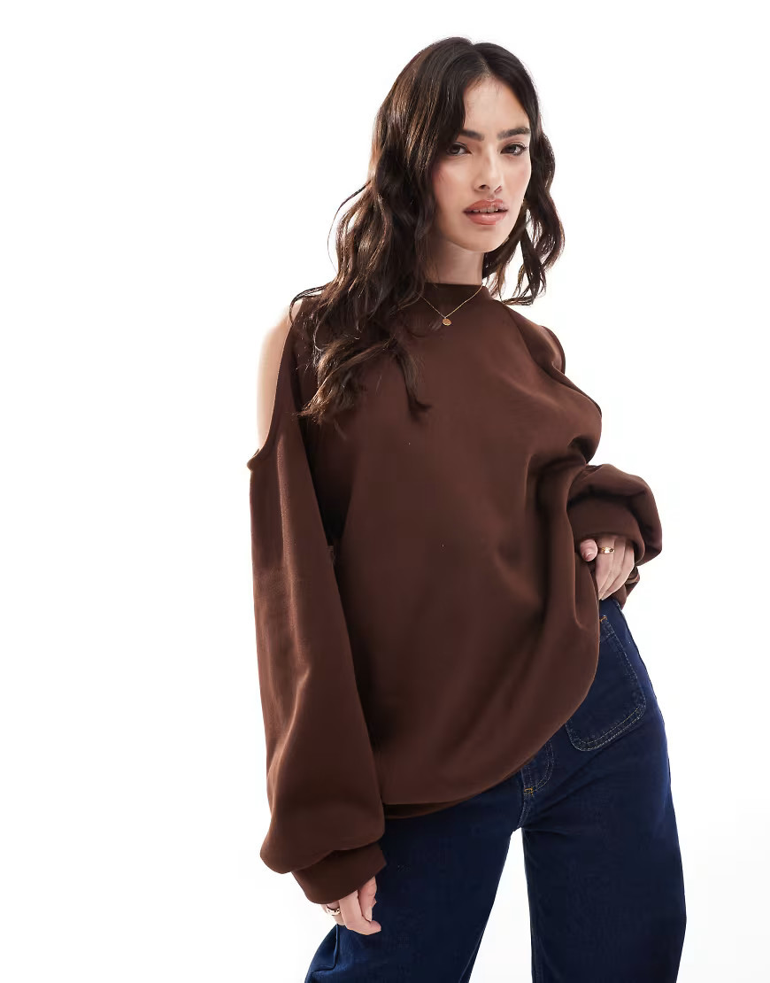 ASOS DESIGN cold shoulder oversized sweatshirt in brown | ASOS (Global)