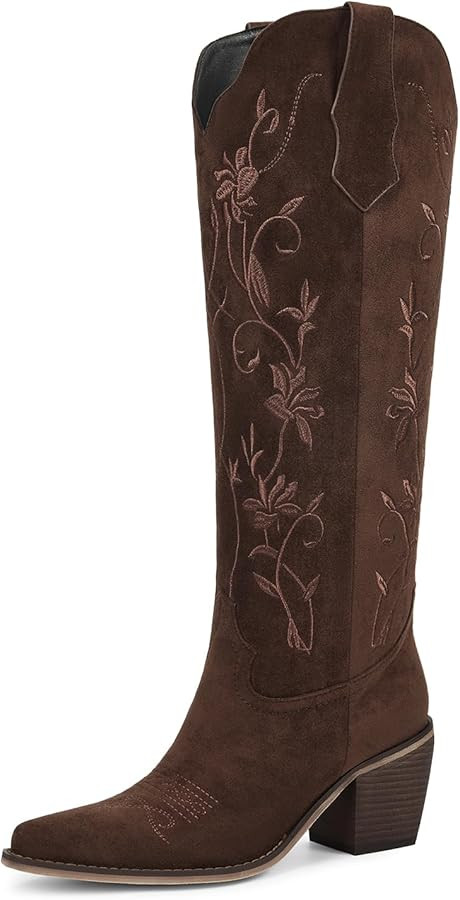 wetkiss Womens Cowboy Boots Knee High Cowgirl Boots with Pointed Toe Chunky Heel Retro Vintage Fl... | Amazon (US)