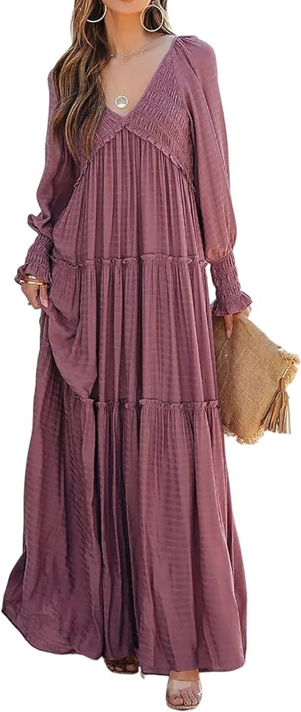 R.Vivimos Maxi Dress for Women Long Sleeve V Neck Empire Waist Layered Ruffle Boho Casual Flowy L... | Amazon (US)