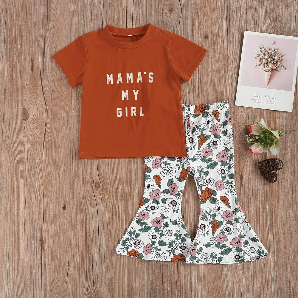 Amazon.com: Toddler Baby Girl Outfit Floral Dew Shoulder Ruffle Top Pullover+Plaid Flare Pants Se... | Amazon (US)