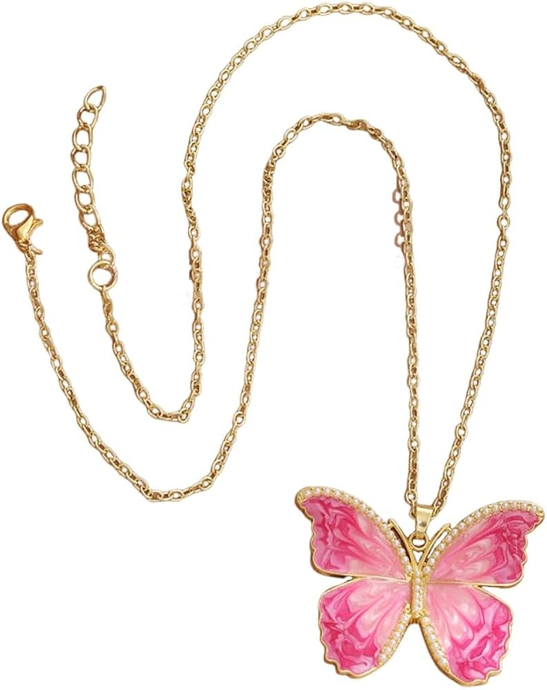 Beautyiful Butterfly Pendant Necklace Pearl Bead Enamel Colorful Butterfly Necklace for Women | Amazon (US)