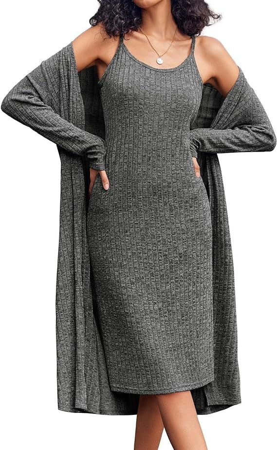 Ekouaer Womens Knit Robe Set 2 Piece Nightgown with Robes Long Sleeves Lounge Sets with Pockets S... | Amazon (US)