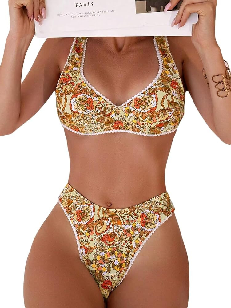 Women's Floral Printed Bathing Suit High Waisted Knot Swimsuit Bikini Set | Amazon (US)