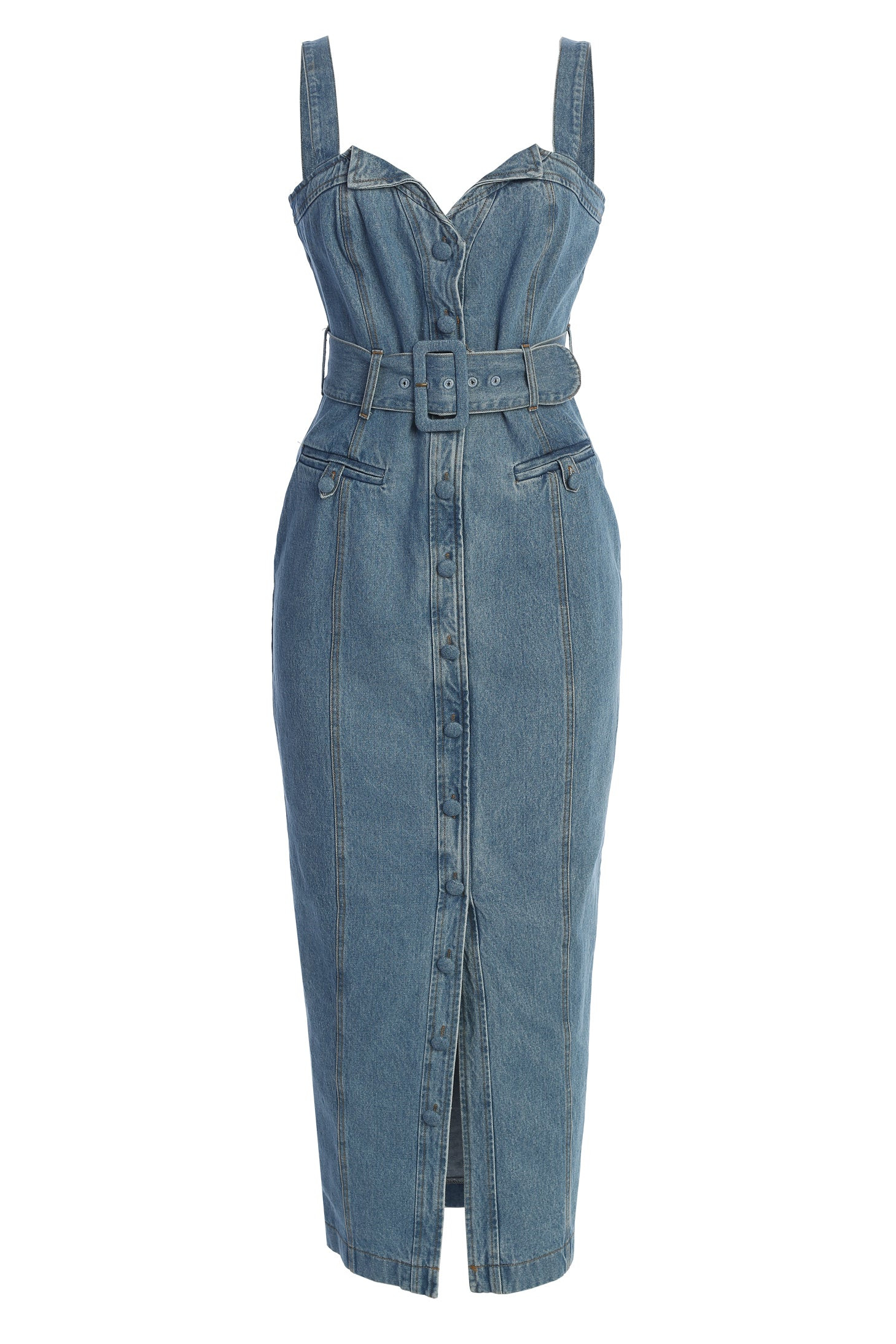 Medium Wash Celene Denim Maxi Dress | JLUXLABEL