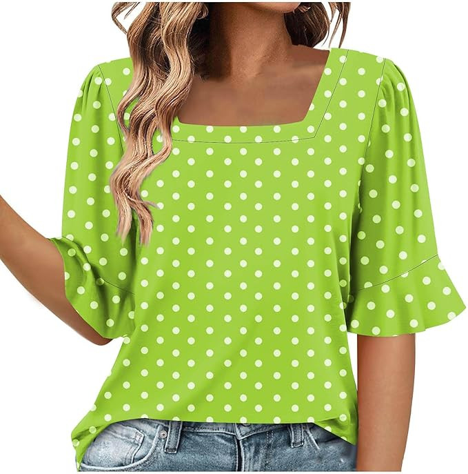 Retro Polka Dots Tops for Women Square Neck Ruffle Bell Sleeve Shirts Dressy Casual Elbow Length ... | Amazon (US)